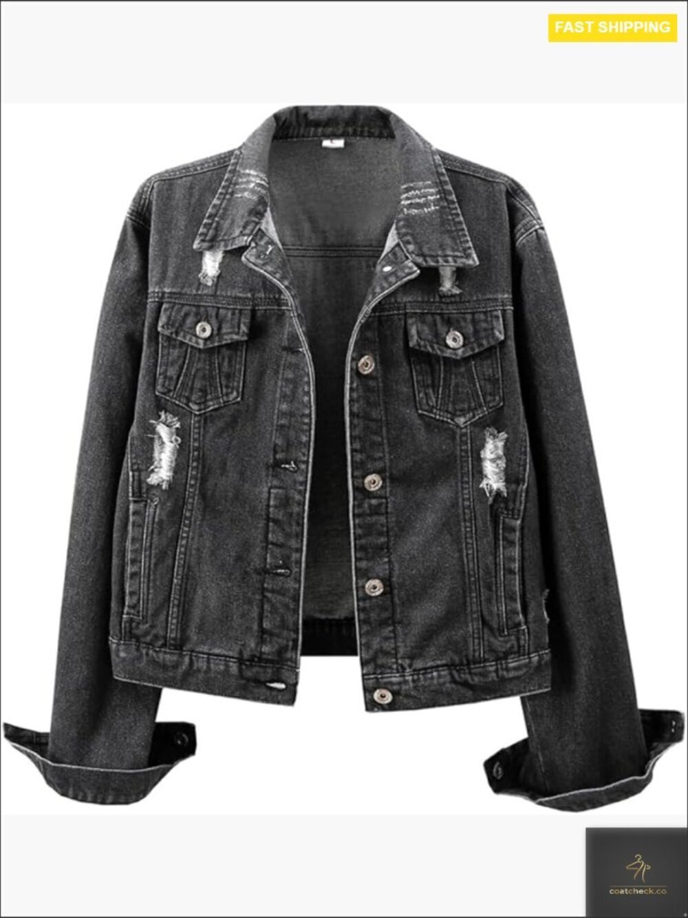 Distressed Ripped Denim Jacket Retro Classic Cropped Long Sleeve Button Front